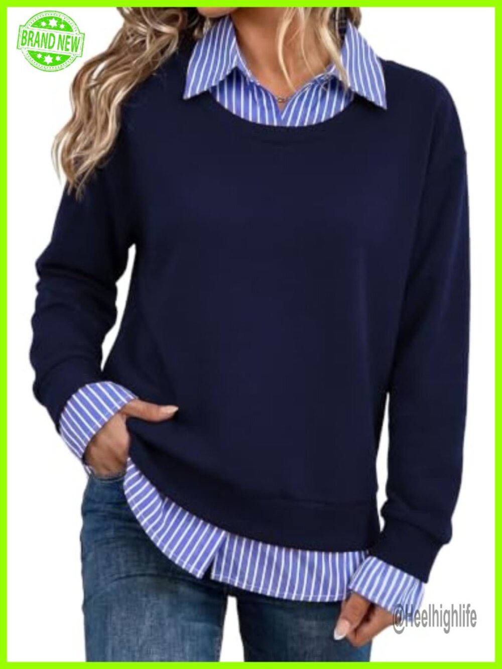 Womens 2 in 1 Striped Patchwork Collar Sweatshirt Casual Pullover